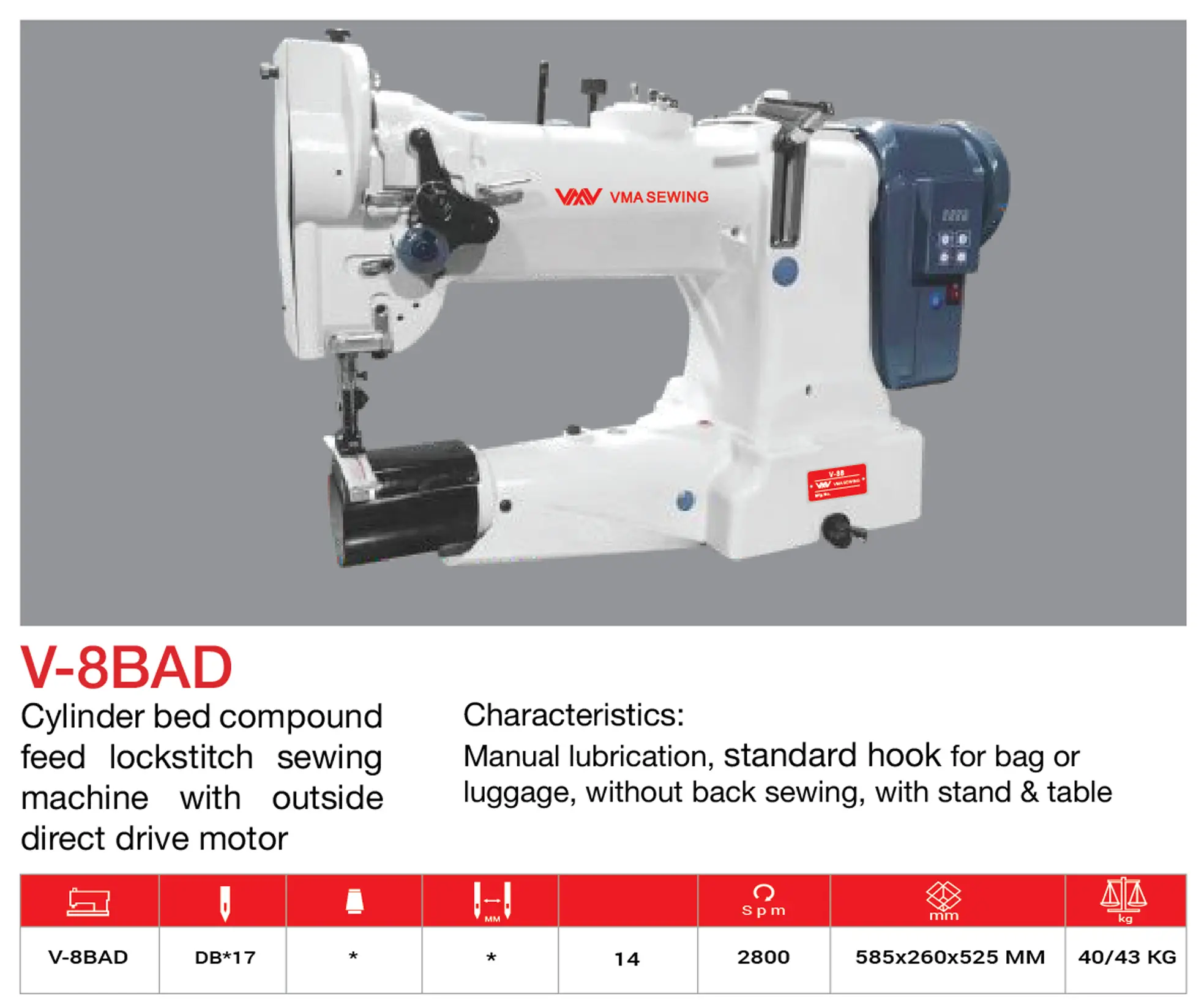 V-8BAD cylinder bed sewing machine