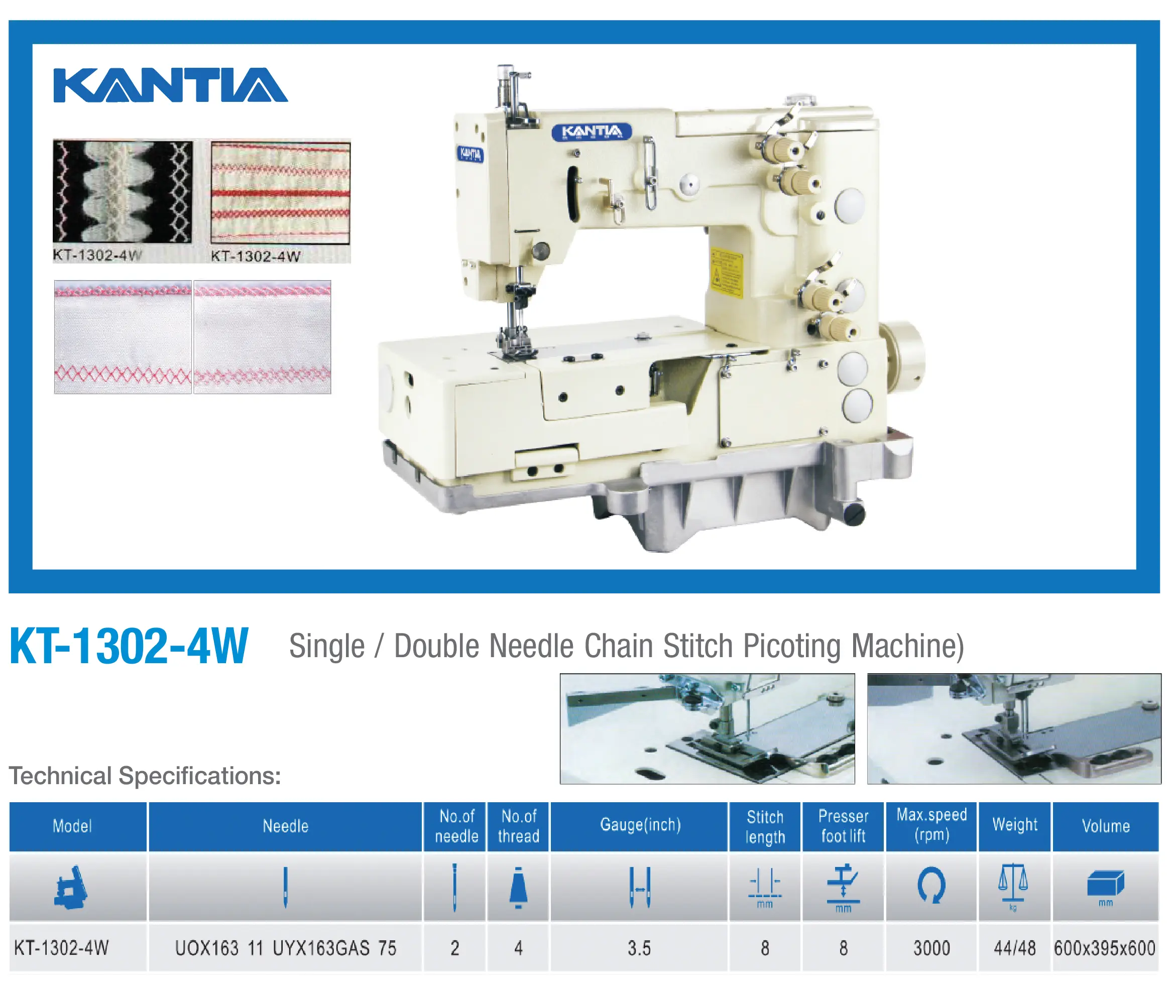 KT-1302-4W Single / Double Needle Chain Stitch Picoting Machine