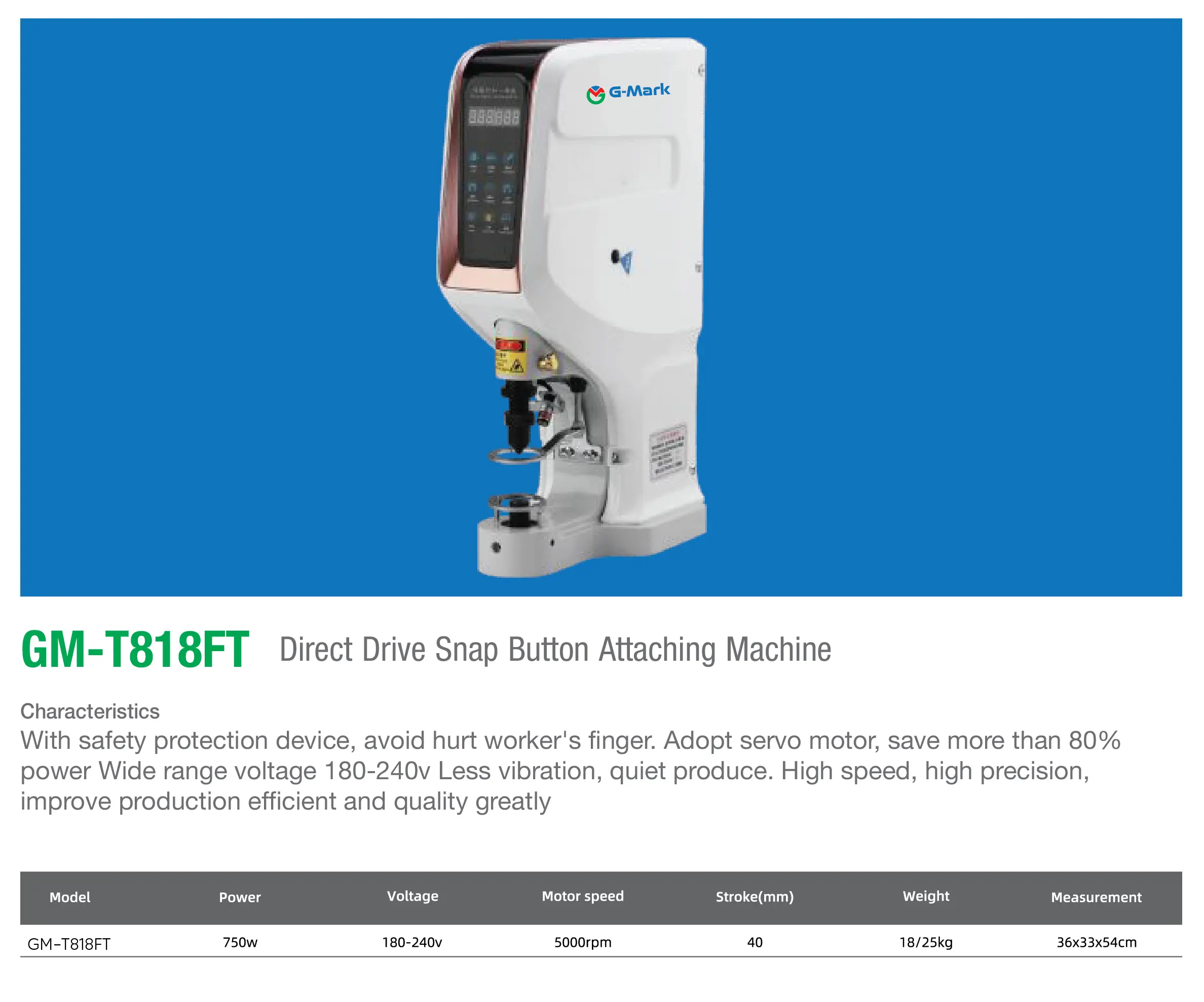 GM-T818FT Direct Drive Snap Button Attaching Machine