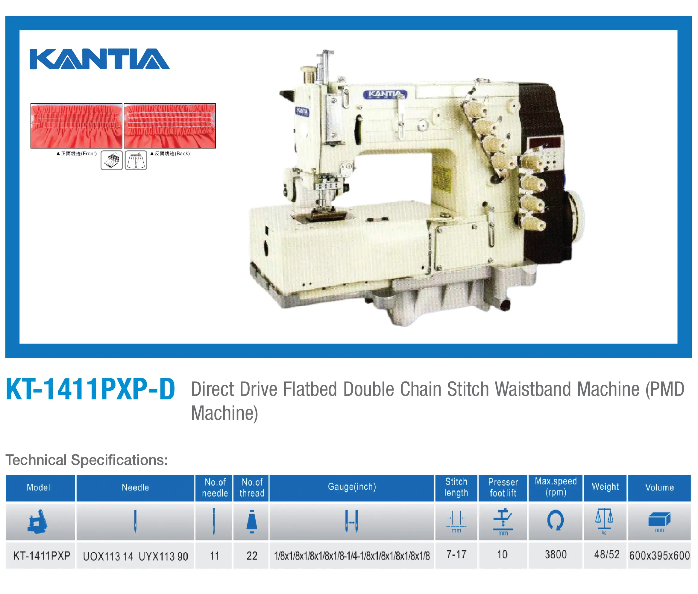 KANTIA KT-1411PXP-D Direct Drive Flatbed Double Chain Stitch Waistband Machine (PMD Machine)