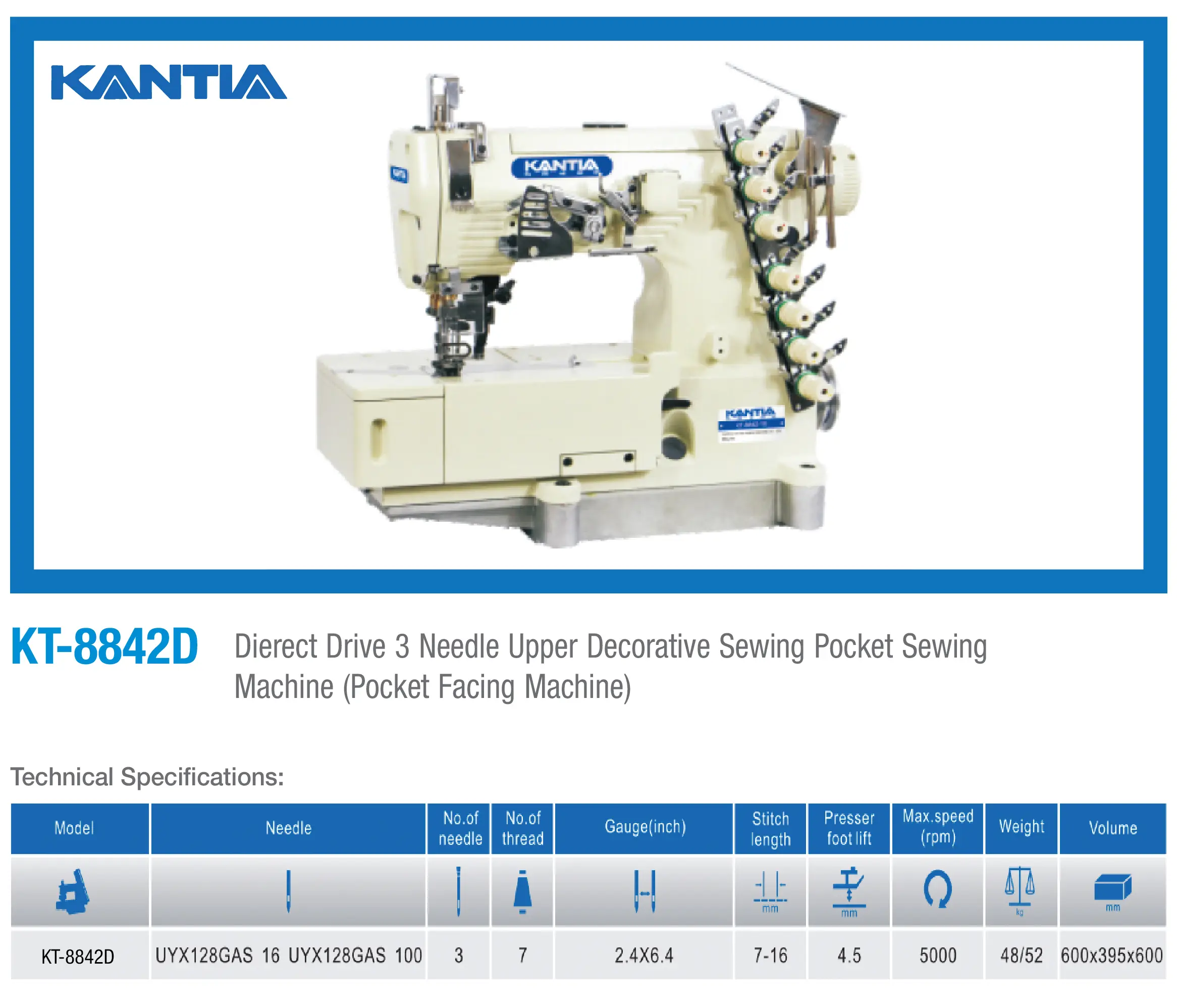 KT-8842D Direct Drive 3 Needle Upper Decorative Sewing Pocket Sewing Machine (Pocket Facing Machine)
